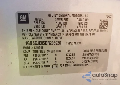 2013 Chevrolet Suburban 1500 Lt from USA, damaged, VIN 1GNSCJE05DR203926